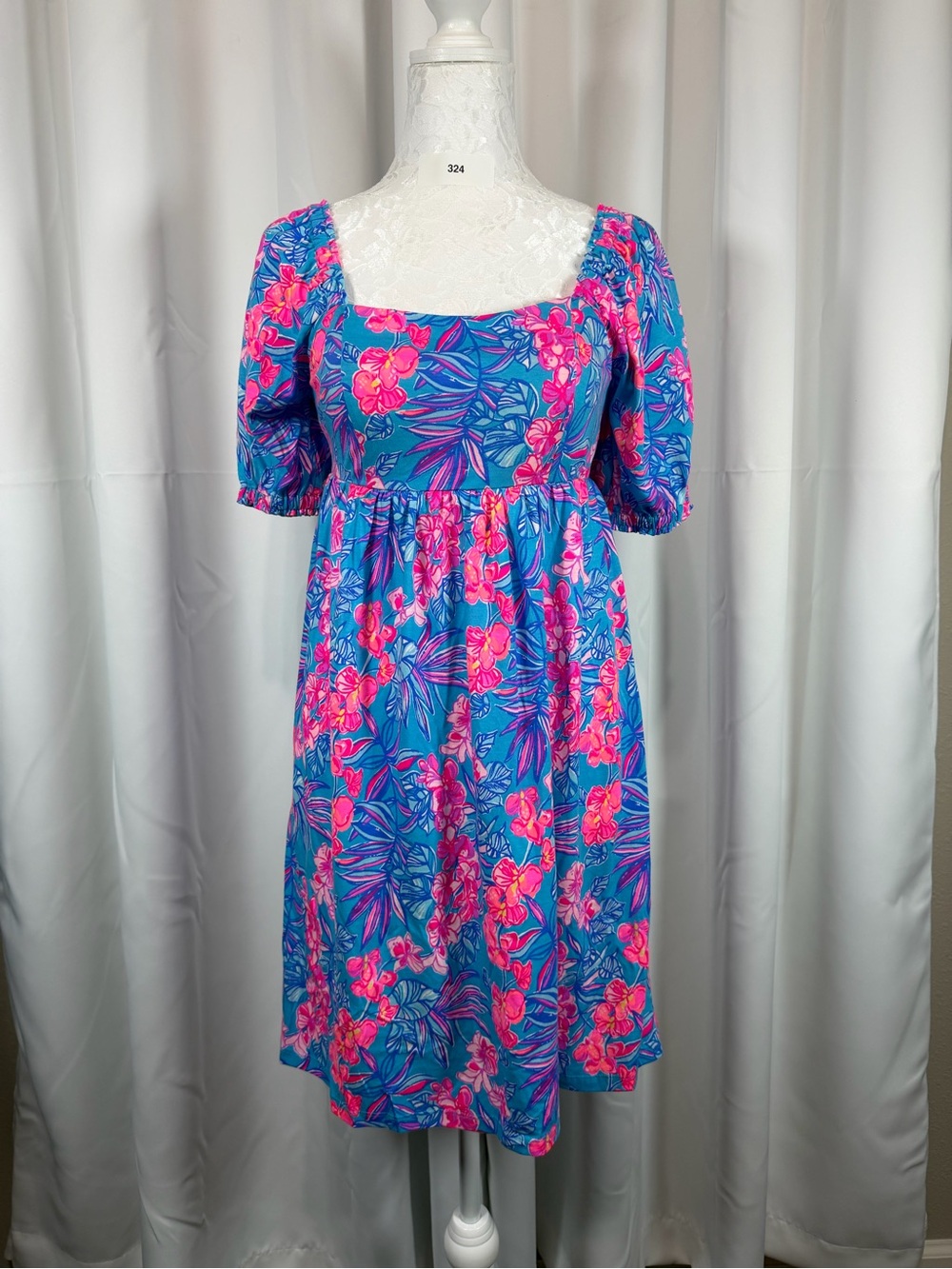 Lilly Pulitzer Size 00 Blue Pink Tropical Floral Square Neck Puff Sleeve Dress